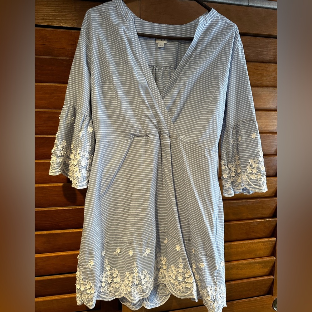 Beautiful blue and white striped dress with embroidered detail. Size large